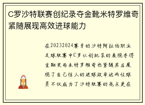 C罗沙特联赛创纪录夺金靴米特罗维奇紧随展现高效进球能力